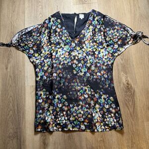 H by Halston Black Floral Print Sheer Blouse